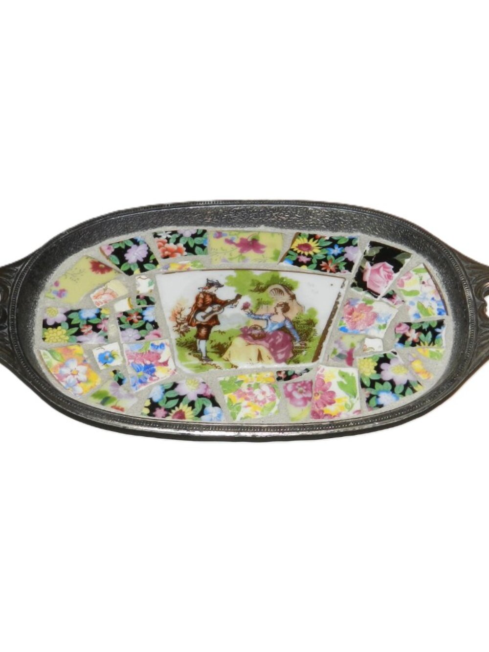Vtg silver-tone metal oval tray with a broken-mosaic design and handles – Japon